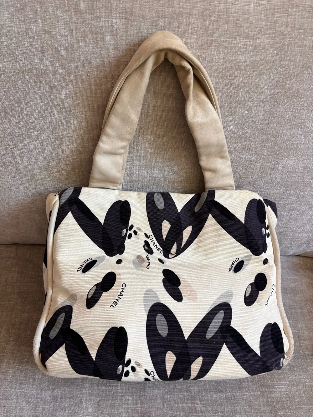 Authentic CHANEL vintage mini beige black Surfline canvas tote